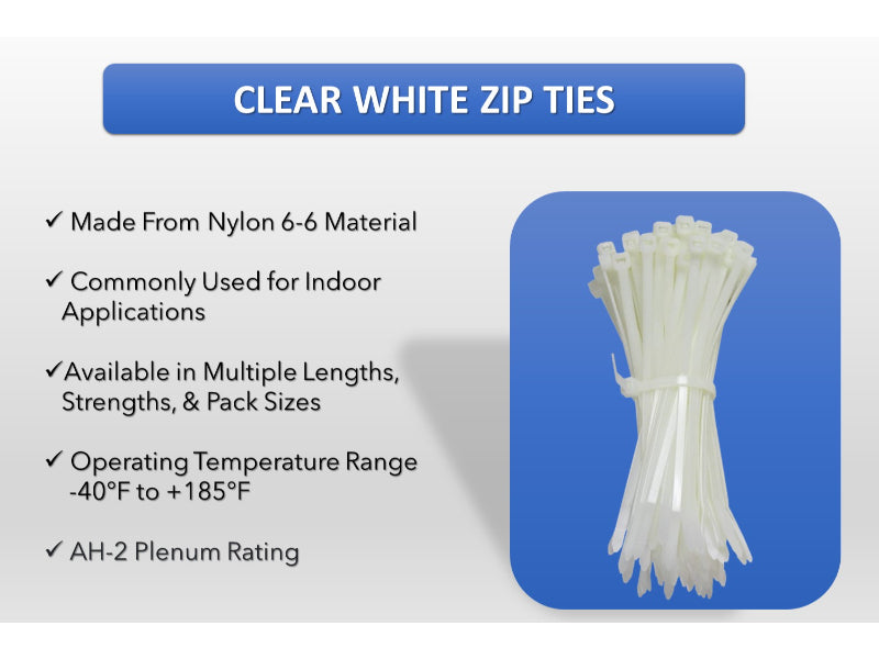 Clear Zip Ties - 4" Inch Long - Natural Nylon - 18 Lbs Tensile Strength - 100 pc