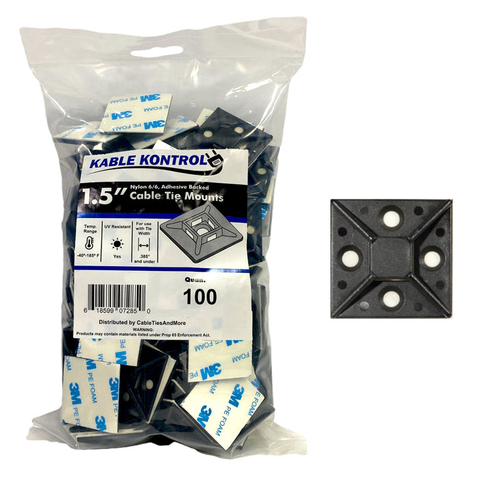 Adhesive Cable Tie Mounts - 1-1/2" Sq - UV Black Nylon - 100 pcs