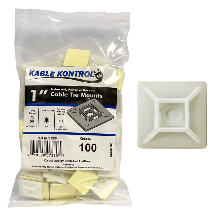 Adhesive Cable Tie Mounts - 1" Sq - Natural Nylon - 100 pcs