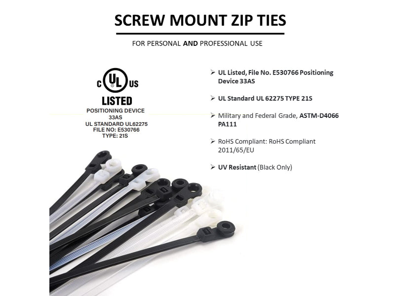 5" Long Screw Mount Cable Ties - 40 Lb Tensile Strength - 100 Pack - Natural