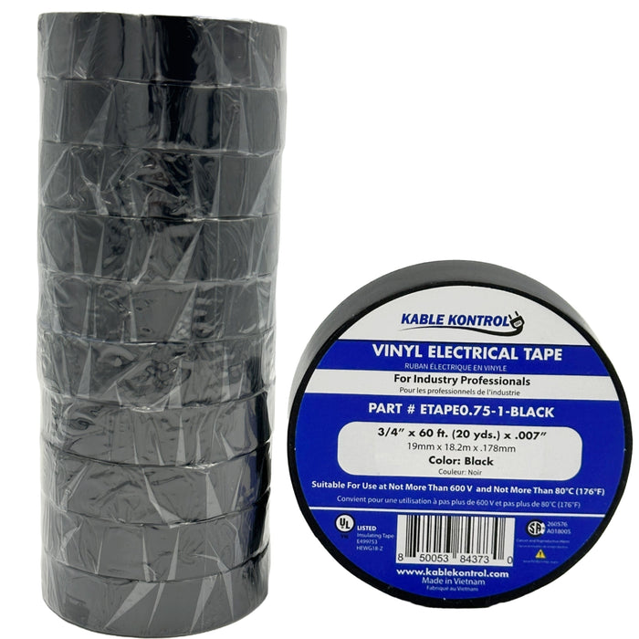 Black PVC Electrical Tape - 3/4" Wide x 60' Long - Rated For 600V