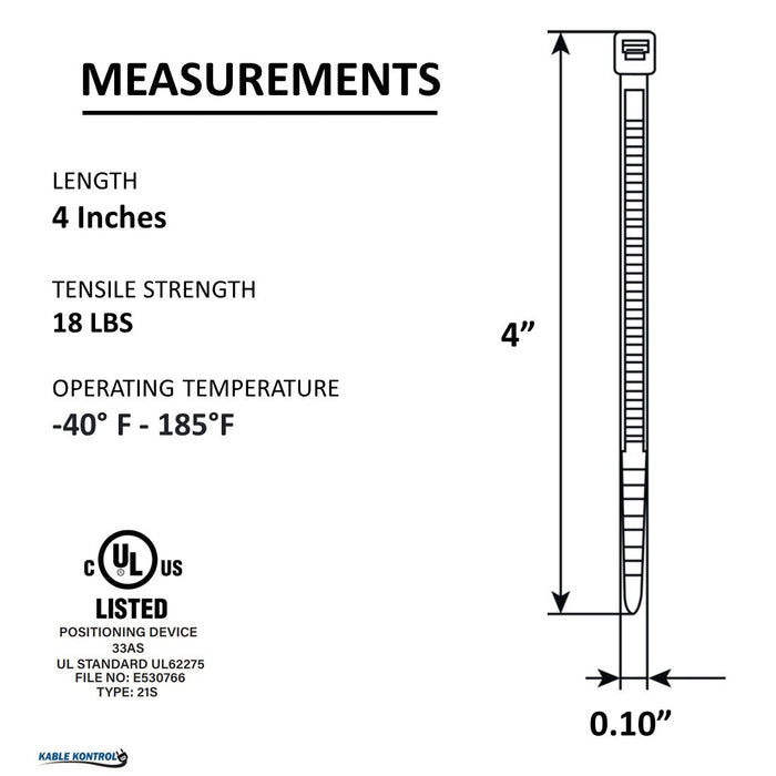 Clear Zip Ties - 4" Inch Long - Natural Nylon - 18 Lbs Tensile Strength - 100 pc