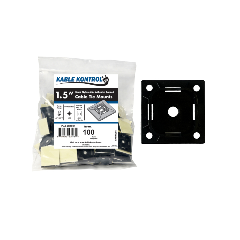 Kable Kontrol® Adhesive Cable Tie Mounts - 1-1/2" Sq - UV Black Nylon - 100 pcs