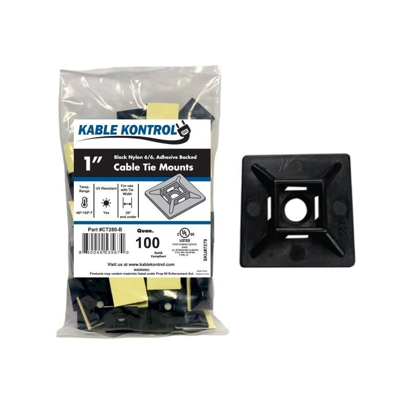 Kable Kontrol® Adhesive Cable Tie Mounts - 1" Sq - UV Black Nylon - 100 pcs
